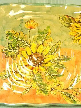 Hand Painted Sunflower Ceramic Square Plate, Circa 2001, HomeSense First Era Dec